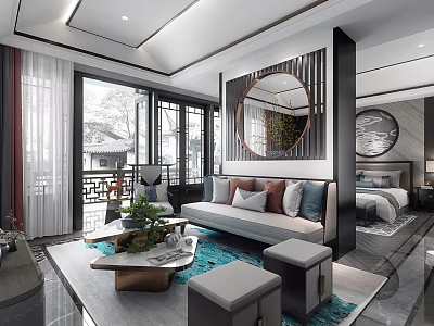 Modern Hotel Guest Room Interior With Sofa Bed Round Mirror And Large Window View 3d model