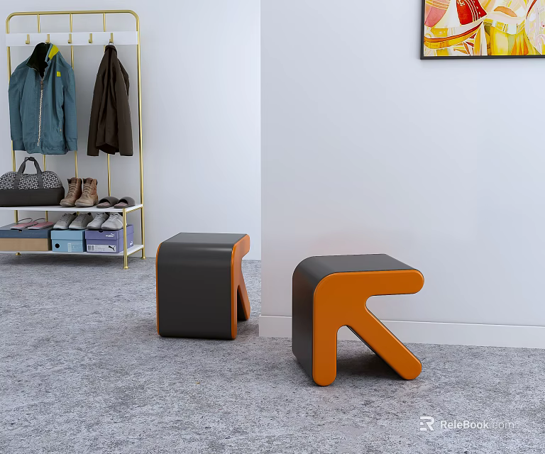 Modern Geometric Sofa Stools with Black and Orange Design for Stylish Interior 3d model 