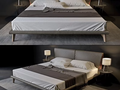 Modern Double Bed Interior With Upholstered Headboard Nightstands And Table Lamps 3d model