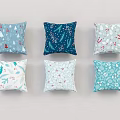 Six Decorative Throw Pillows Featuring Blue Hues And Tree Leaf Snowflake Patterns 3d model