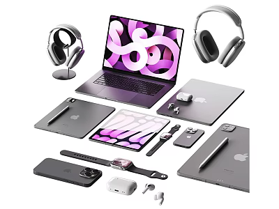 Modern Laptop and Tablet Collection with Sleek Tech Accessories Including Headphones Smartwatch and Pencil 3d model