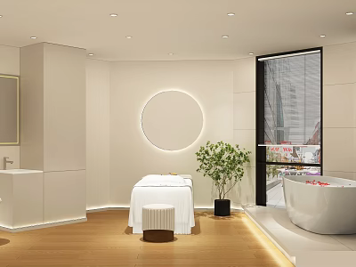 Modern Beauty Salon Spa Interior With White Massage Table Round Mirror And Bathtub 3d model