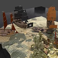 Realistic Micro Terrain Model With Sand Rocks Ship And Lighthouse Elements