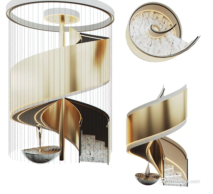 Elegant Golden Spiral Staircase with Marble Steps and Modern Hanging Chandelier Design 3d model 