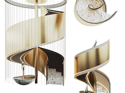 Elegant Golden Spiral Staircase with Marble Steps and Modern Hanging Chandelier Design 3d model