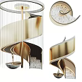 Elegant Golden Spiral Staircase with Marble Steps and Modern Hanging Chandelier Design