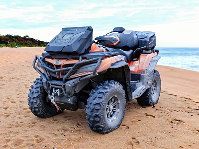 Orange and Black Off Road Motorcycle Parked On Sandy Beach With Ocean Background 3d model