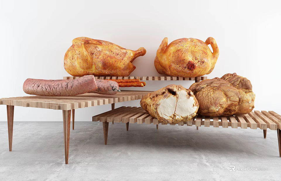 Delicious Roast Chicken Sausages And Bread On Wooden Display Racks 3d model 