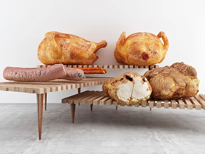 Delicious Roast Chicken Sausages And Bread On Wooden Display Racks 3d model