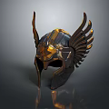 Winged Helmet Featuring Gold and Black Metallic Design with Shiny Surface Ornate Details