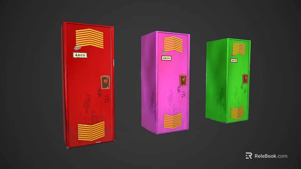 Colorful Metal Lockers in Red Pink Green with Numbered Tags and Ventilation Grilles 3d model 