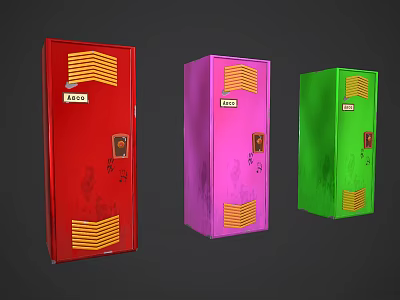 Colorful Metal Lockers in Red Pink Green with Numbered Tags and Ventilation Grilles 3d model