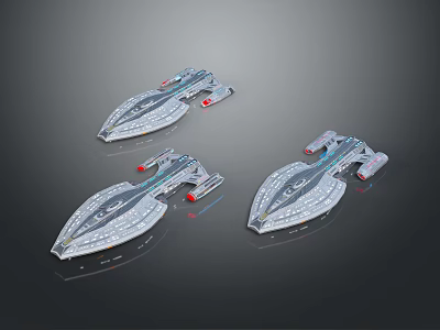 Three Silver Futuristic Spaceships With Blue Red Details Floating On Black Background 3d model