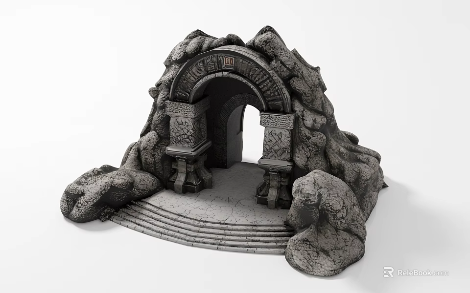 Garden Landscape With Stone Archway Rock Decorations And Carved Steps 3d model 