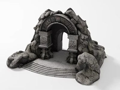Garden Landscape With Stone Archway Rock Decorations And Carved Steps 3d model