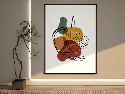 Abstract Painting Featuring Colorful Shapes Curved Lines Dotted Patterns In Modern Interior With Potted Plant 3d model