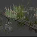 Lush Aquatic Flowers And Plants By Waterfront With Wooden Bridge And Rippling Water