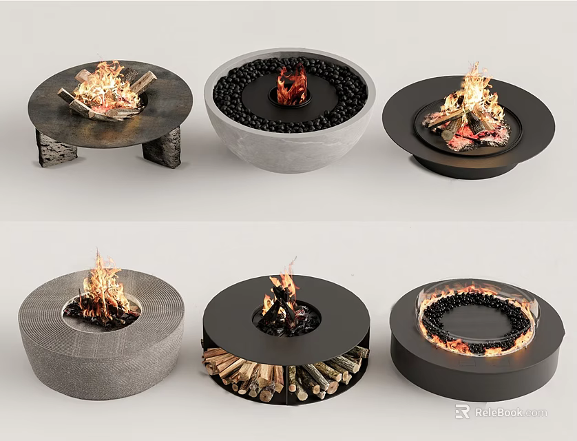 Round Fireplace Designs With Various Materials And Burning Flames For Interior 3d model 