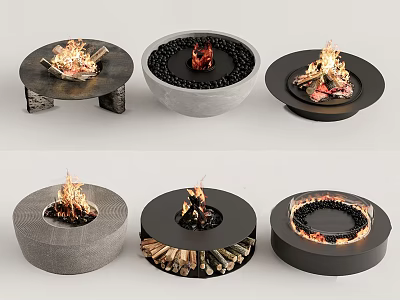 Round Fireplace Designs With Various Materials And Burning Flames For Interior 3d model