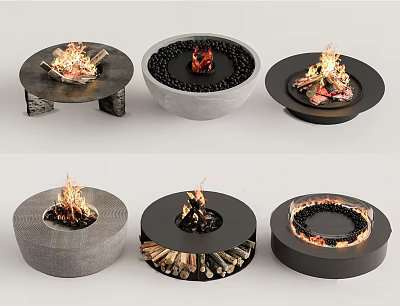 Round Fireplace Designs With Various Materials And Burning Flames For Interior 3d model