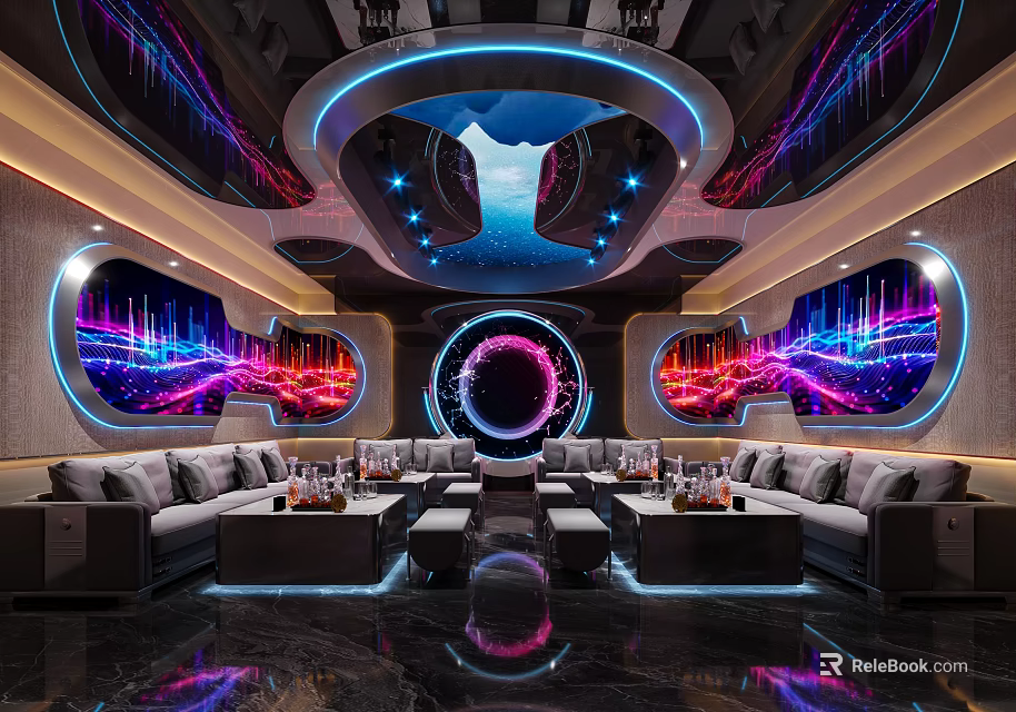 Modern KTV Interior With Colorful Lighting Circular Screen Sofas And Marble Floor 3d model 