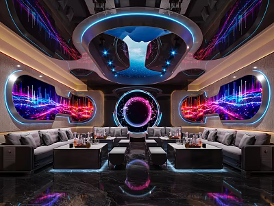 Modern KTV Interior With Colorful Lighting Circular Screen Sofas And Marble Floor 3d model