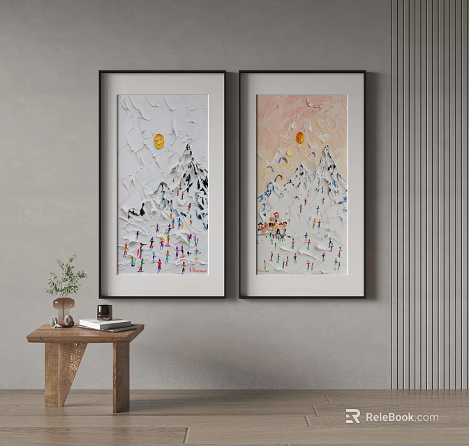 Two Framed Snowy Mountain Sun Paintings On Wall With Small Wooden Table Plant And Books 3d model 