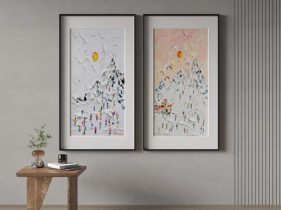 Two Framed Snowy Mountain Sun Paintings On Wall With Small Wooden Table Plant And Books 3d model