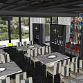 Hotpot Restaurant Interior Design With Wooden Tables Colorful Carpet And Indoor Plants