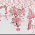 Artistic Pink Floral Installation Featuring Cherry Blossom Trees And Decorative Arch Structures 3d model