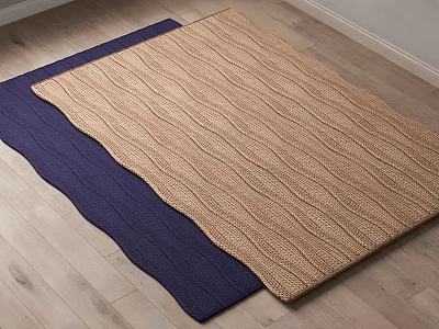 Square Rugs with Navy Blue and Beige Woven Texture on Wooden Floor 3d model