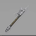 Decorative Spear With Metal Head Side Blades And Wooden Wrapped Shaft