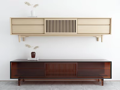 Modern Wall Mounted And Floor Standing TV Stands With Slatted Design And Decorative Items 3d model