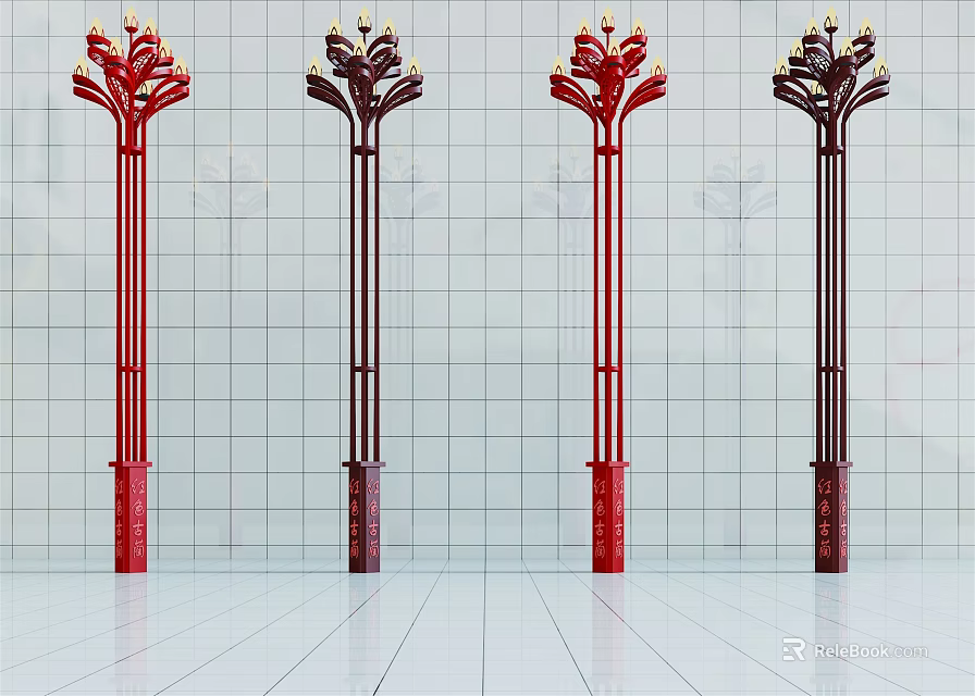 Ornate Outdoor Lights with Decorative Top Design and Red Dark Brown Slim Poles 3d model 