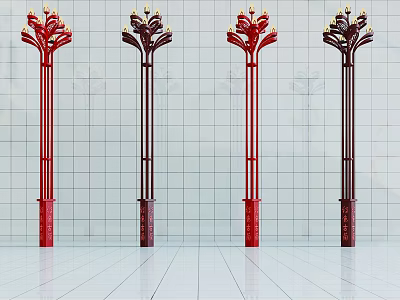 Ornate Outdoor Lights with Decorative Top Design and Red Dark Brown Slim Poles 3d model