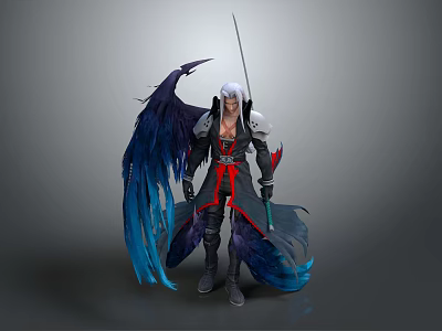 Game Movie Character With White Hair Black Red Outfit Large Blue Black Wings Holding Long Sword Fantasy Style 3d model