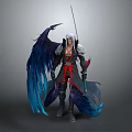 Game Movie Character With White Hair Black Red Outfit Large Blue Black Wings Holding Long Sword Fantasy Style