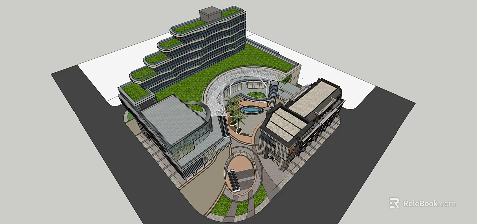 Modern Commercial Street With Green Roof Central Fountain And Landscaped Walkways 3d model 