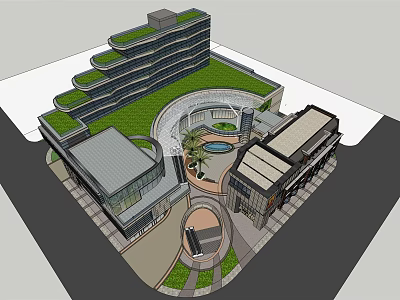 Modern Commercial Street With Green Roof Central Fountain And Landscaped Walkways 3d model
