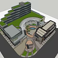 Modern Commercial Street With Green Roof Central Fountain And Landscaped Walkways
