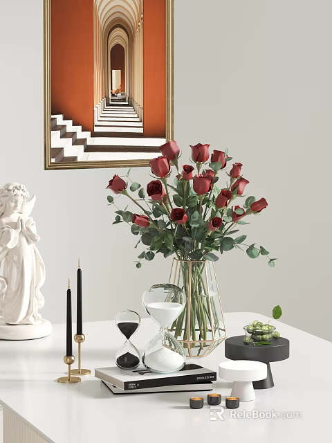 Decorative Ornament Set Featuring White Angel Statue Red Rose Vase Black Candles And Wine Glass 3d model 