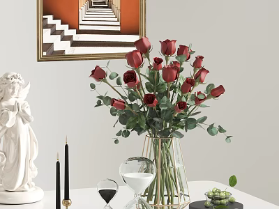 Decorative Ornament Set Featuring White Angel Statue Red Rose Vase Black Candles And Wine Glass 3d model