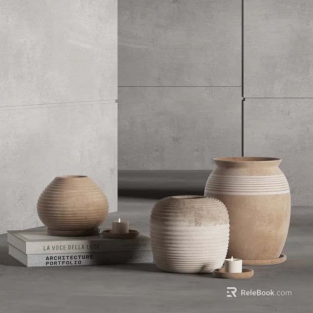 Minimalist Ceramic Vessels With Textured Design On Books And Small Candles Gray Background 3d model 