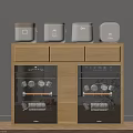 Wooden Cabinet Featuring White Jars On Top And Glass Doors With Dishes Inside