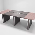 Modern Conference Table With Wooden Top Dark Stripe And Black Metal Legs