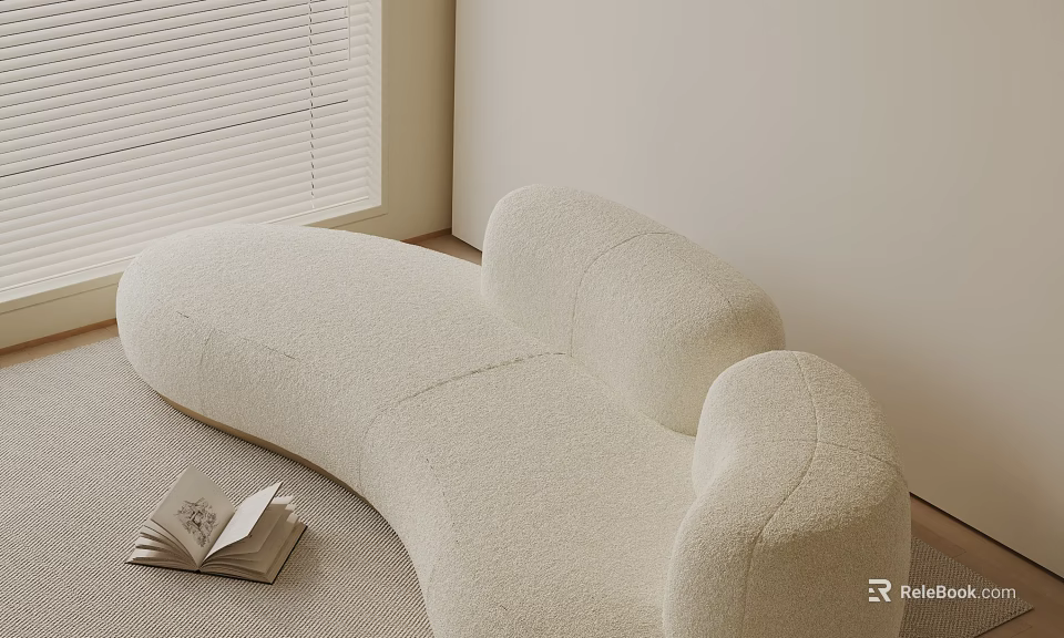 Fluffy Curved Beige Three Seater Sofa with Open Book Near Window Blinds on Light Carpet 3d model 