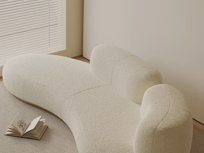 Fluffy Curved Beige Three Seater Sofa with Open Book Near Window Blinds on Light Carpet 3d model