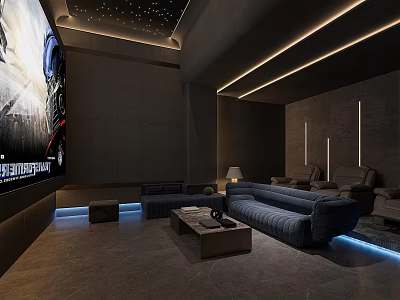 Modern Home Theater Interior With Large Screen Starry Ceiling Comfy Sofa And Ambient Lighting 3d model