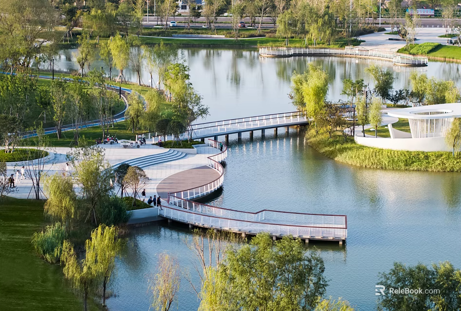 Waterfront Landscape Design With Lake Wooden Boardwalk And Lush Green Trees 3d model 