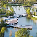 Waterfront Landscape Design With Lake Wooden Boardwalk And Lush Green Trees